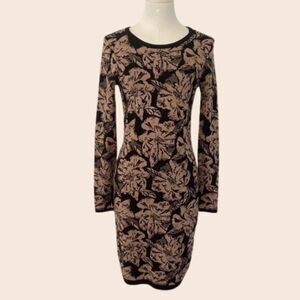 Carmen Marc Valvo Black & Tan Floral Sweater Mini Long Sleeve Dress Size Small